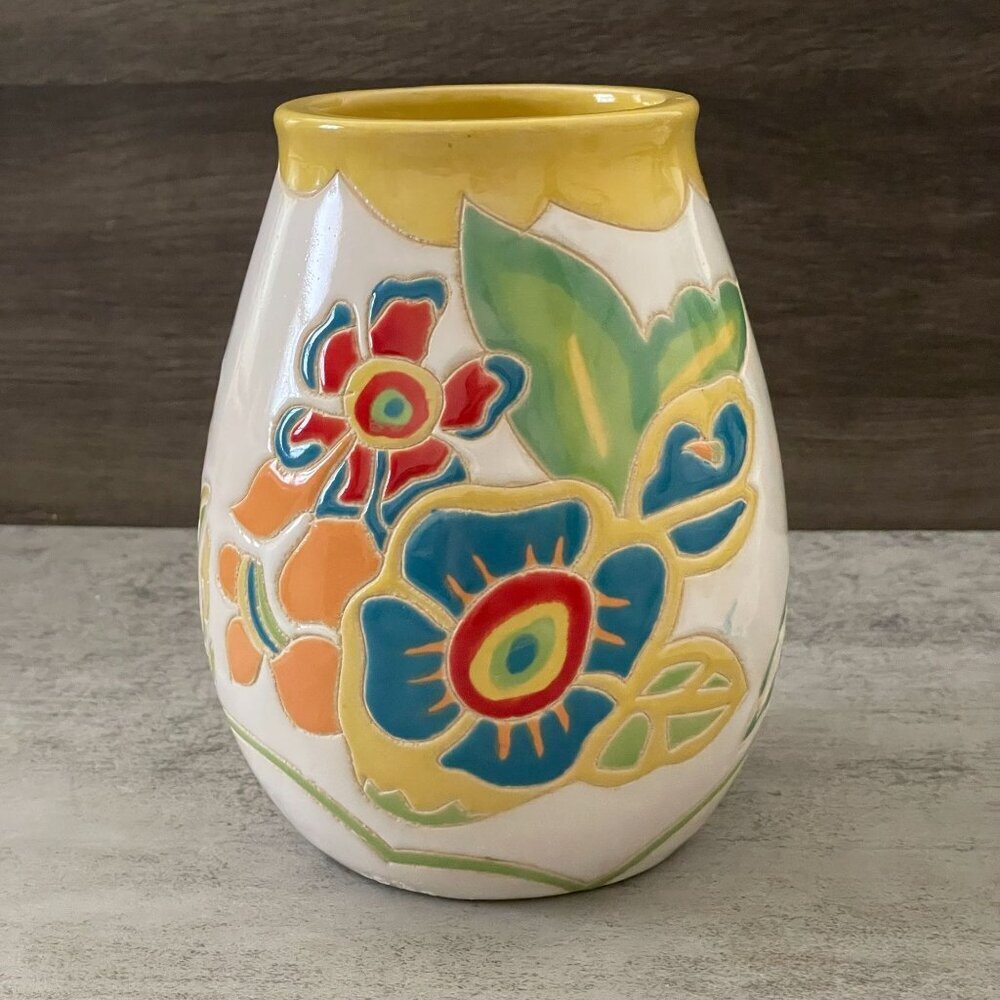 NWOT Anthropologie Incised Colorful Tropical Flower Pattern 6.75" Pottery Vase